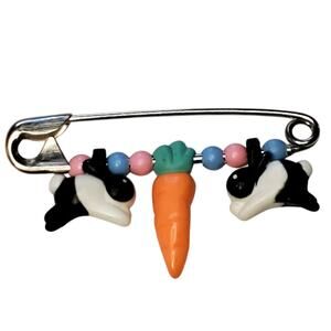 Hallmark Safety Pin Easter Bunny Rabbits Carrot & Beads Brooch 3" Vtg